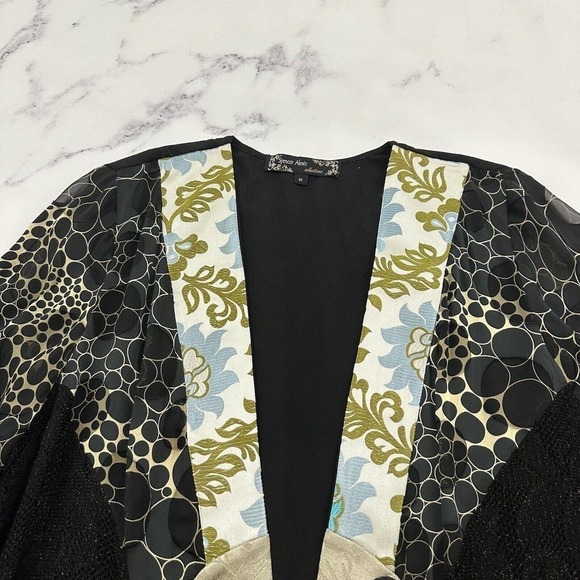 Spencer Alexis Kimono Blouse Top Size M Black Cream Silk Blend Floral Jacquard - Picture 2 of 12